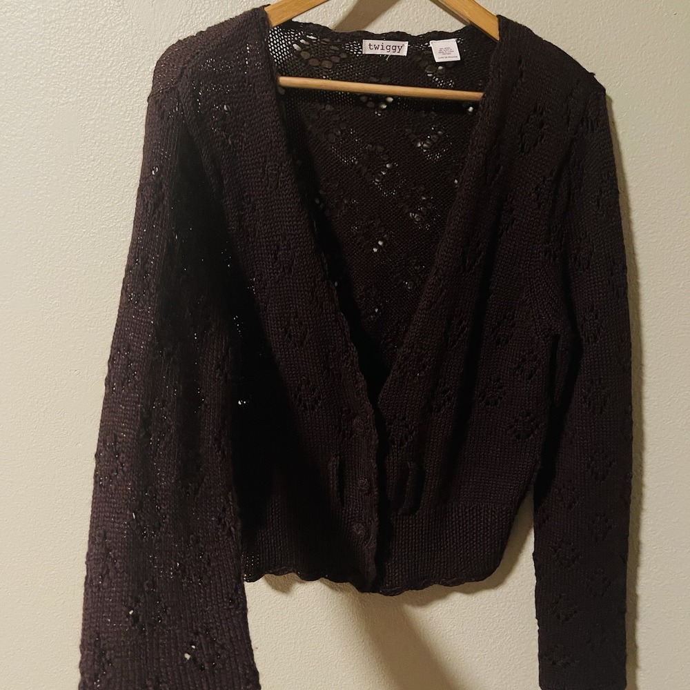 VTG Twiggy Open Knit Cardigan Y2K Brown Wool Blend Cottagecore Boho Sz M Approx.